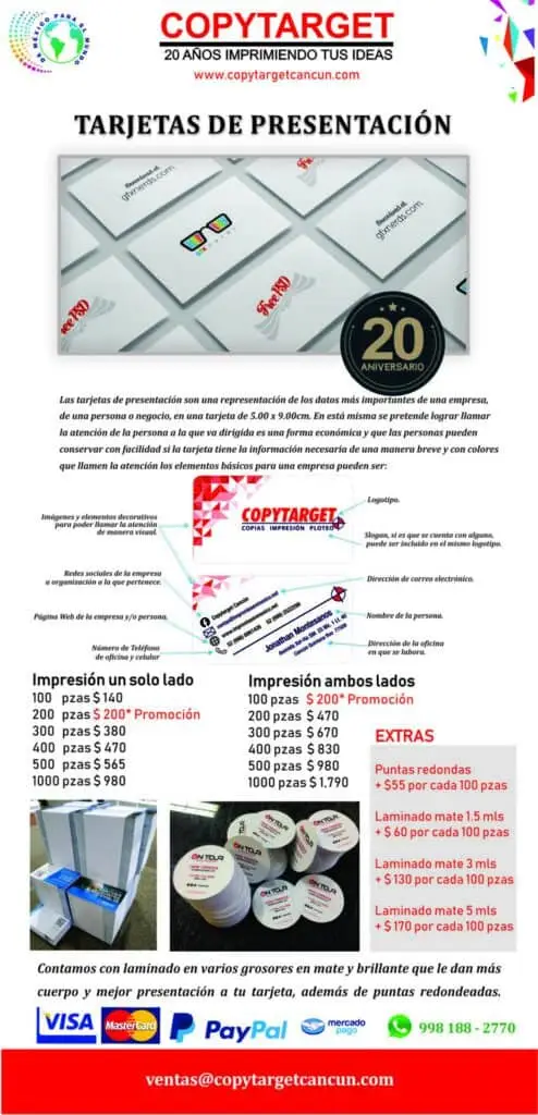 Tarjetas de presentación profesionales y modernas para negocios en Cancún.